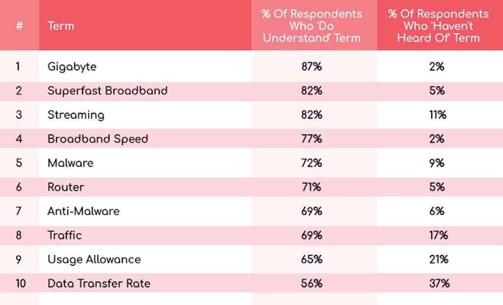 Table ranking the most understood broadband terms UK.