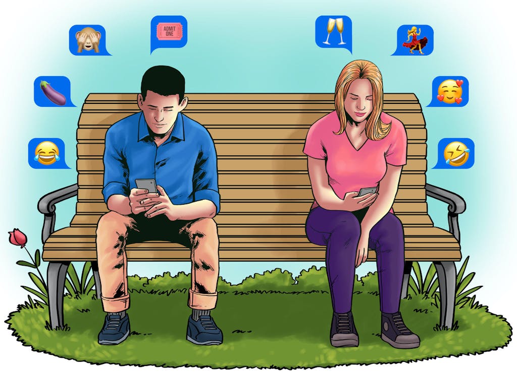 Couple on bench looking at phones and emojis park grass 