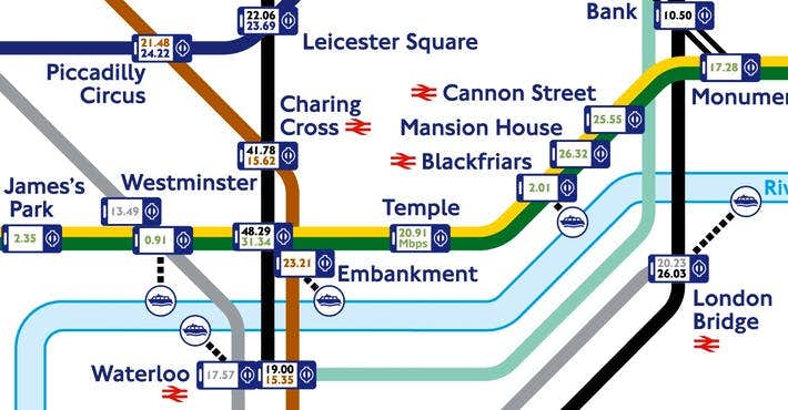 tube map showing internet speeds of each station in zone 1