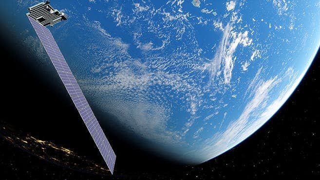image of satellite in space with Earth behind it