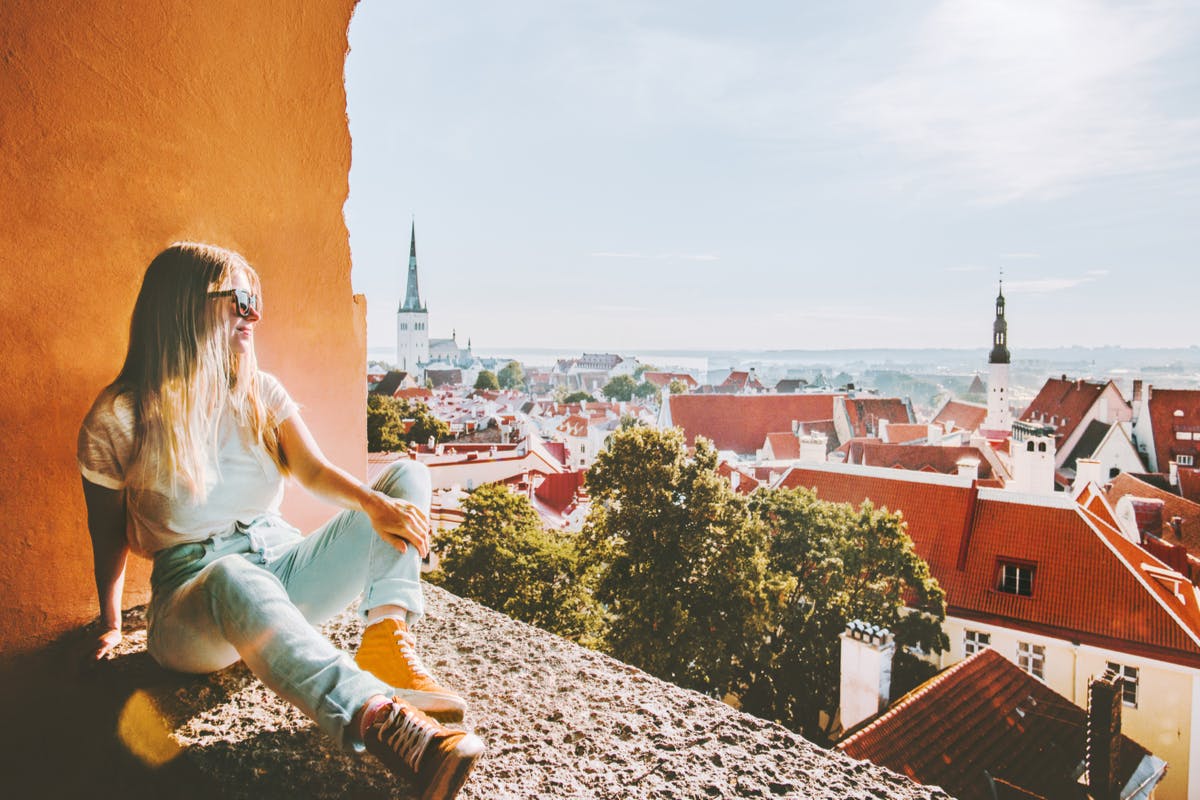 Woman sightseeing on holiday in Tallinn, Estonia