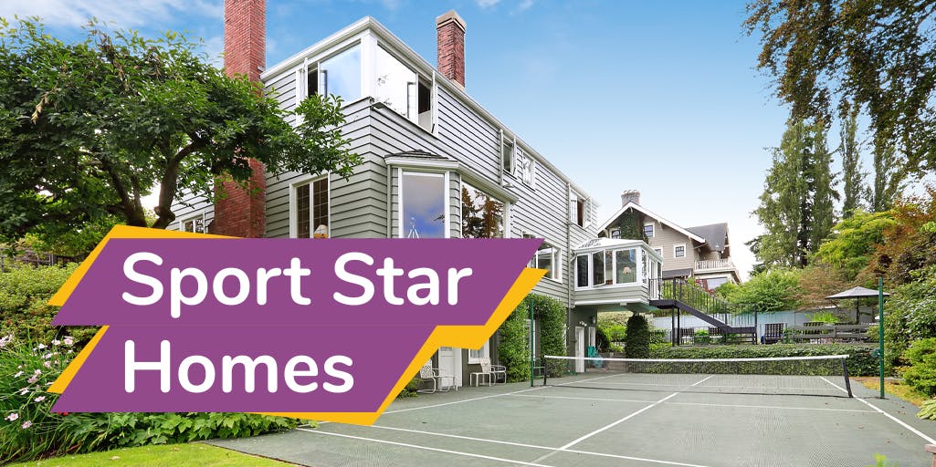 Photograph of a house with a tennis court and overlay text reading Sport Star Homes 