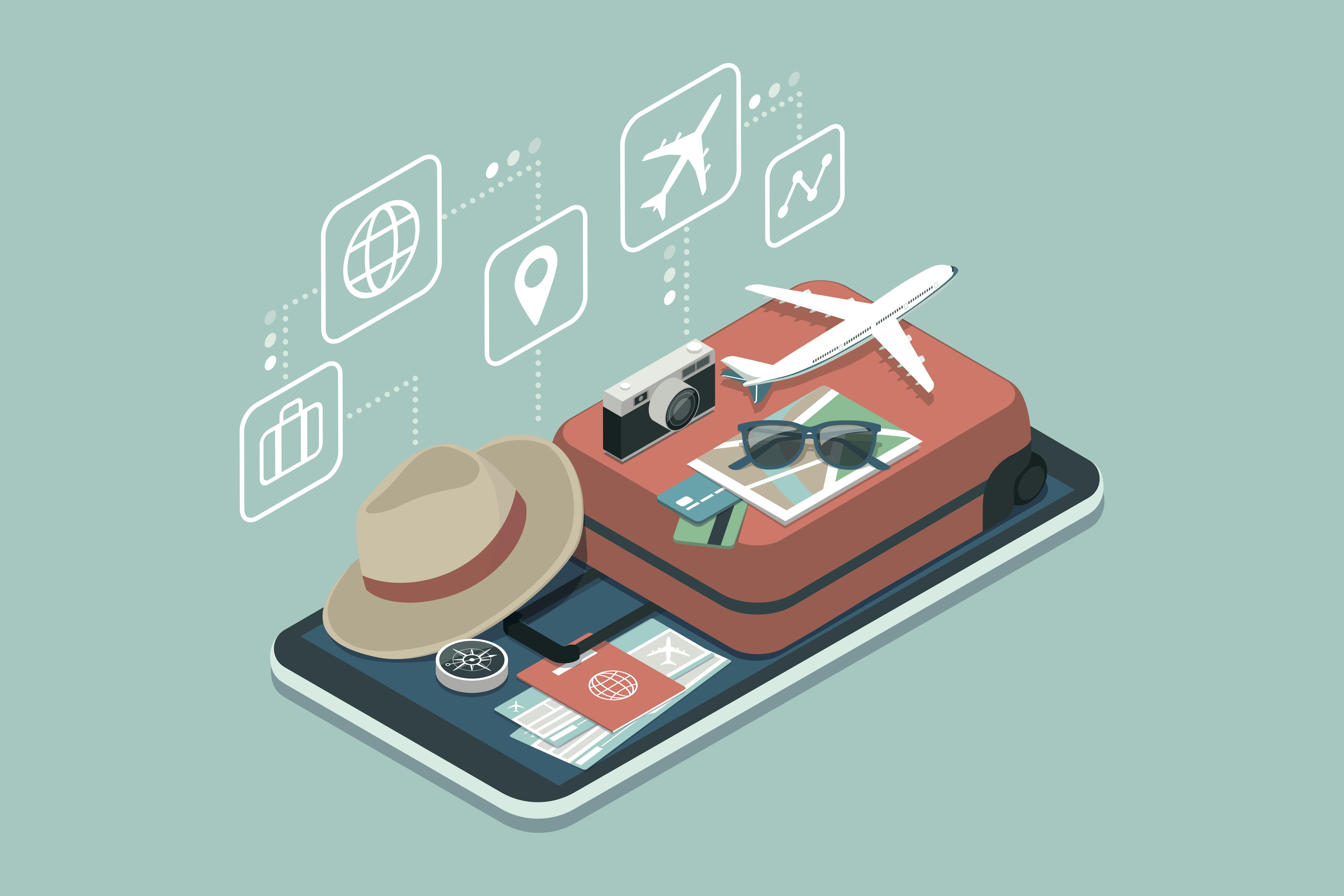 An illustration of a suitcase along with a passport, hat, camera, sunglasses and model aeroplane.