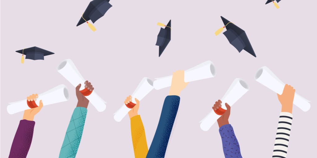 A graphic of hands holding degrees and graduation hats in the air.
