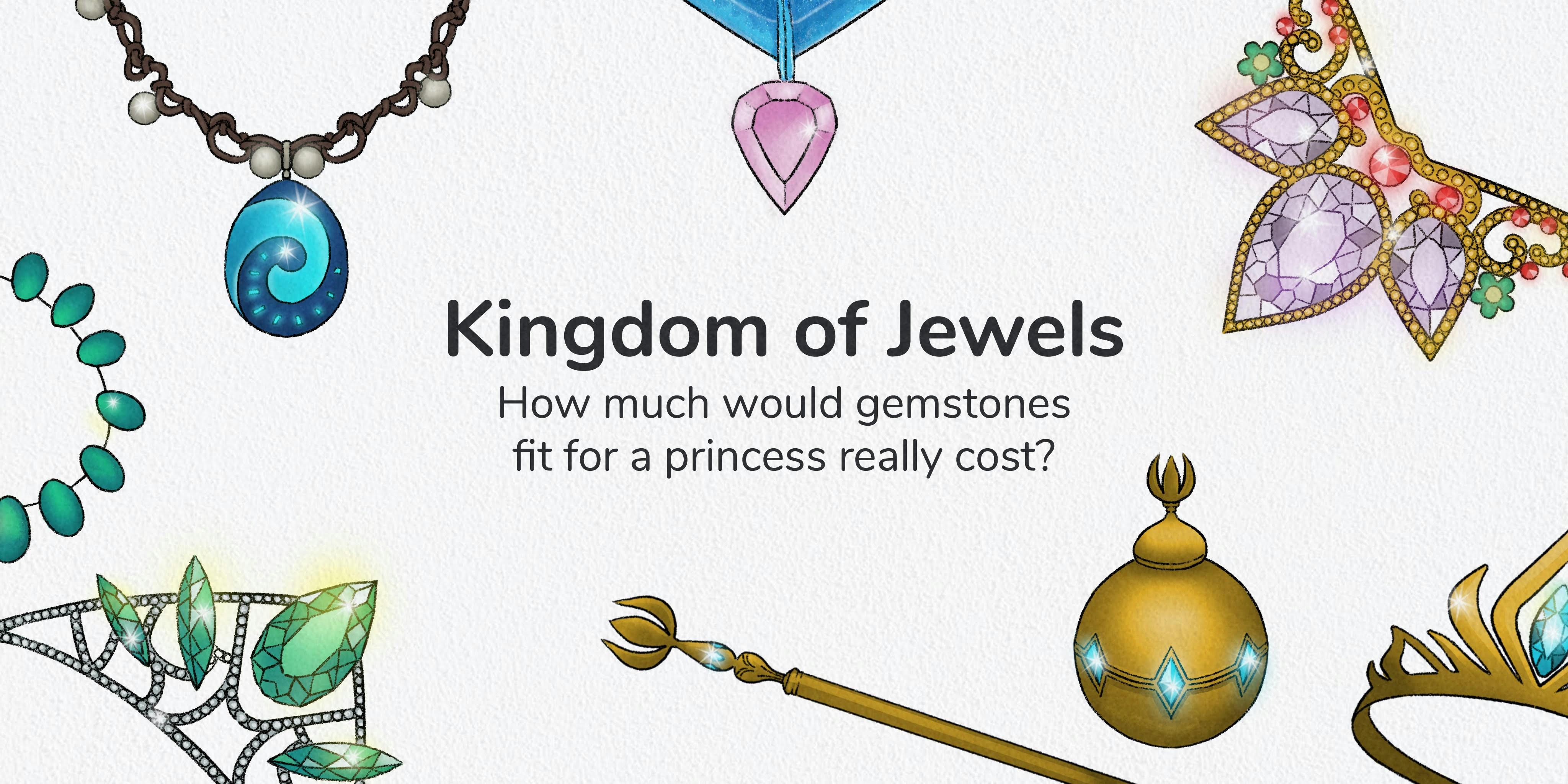 Graphic with jewellery around the edge with a title which reads: Kingdom of jewels; how much would gemstones fit for a princess really cost?