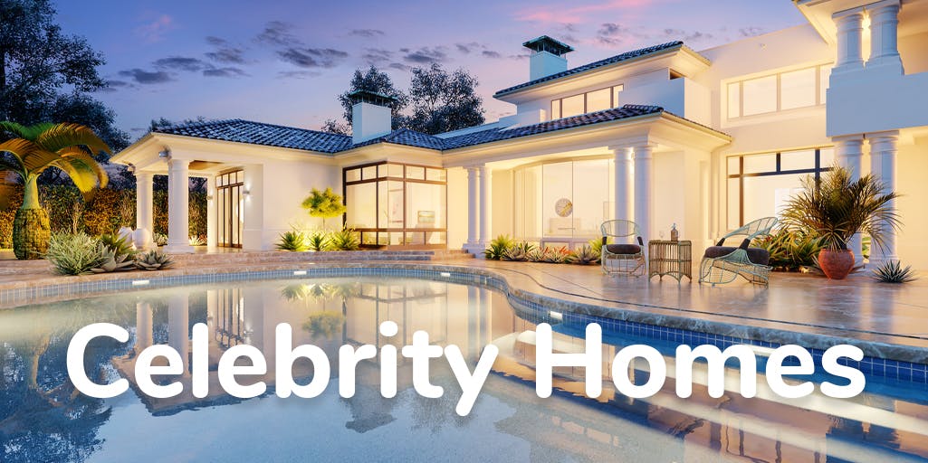 Photograph of a villa with a swimming pool and overlay text reading Celebrity Homes 