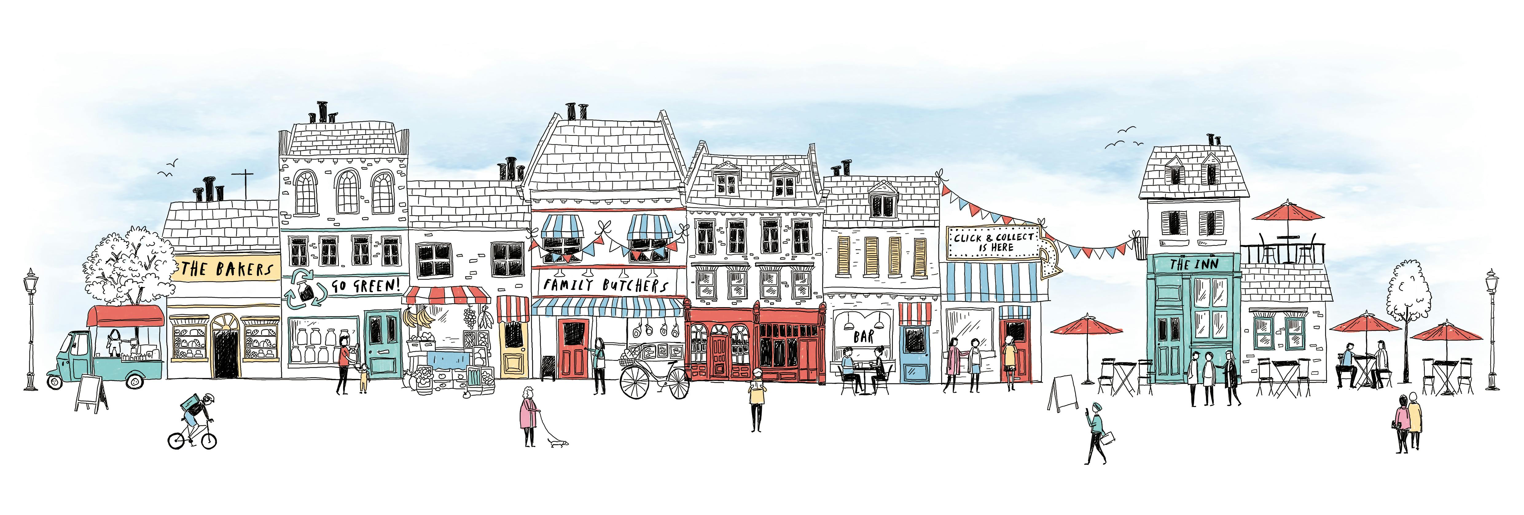 An illustration of a future high street which includes the bakers, a sustainable shop, a family butchers, a click-and-collect store, and al fresco dining.
