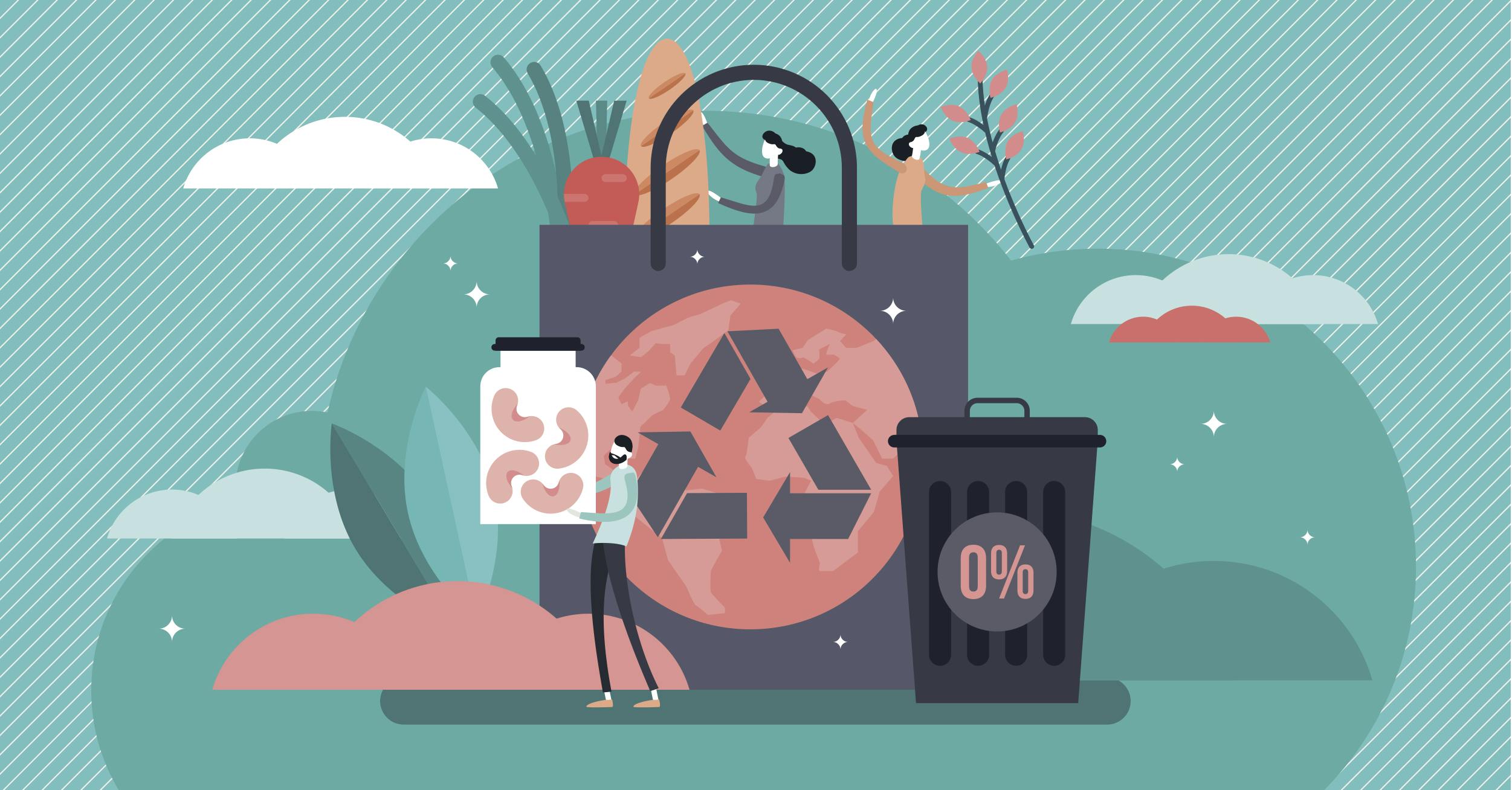 A graphic showing a large shopping bag with the recycling logo in centre, a rubbish bin with 0% annotated, and 3 people holding plastic-free food.